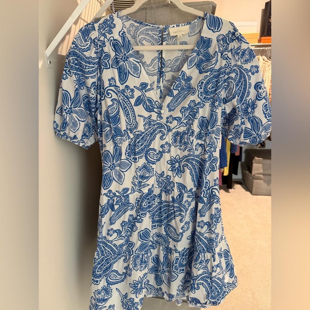 Melloday Blue White Floral Paisley Dress L